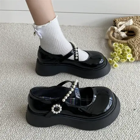 法式圆头玛丽珍鞋女夏季2023年新款珍珠厚底松糕jk配裙子小皮鞋潮商品大图