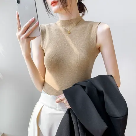 半高领针织无袖打底衫女2025早秋修身西装内搭基础款羊毛背心上衣商品大图