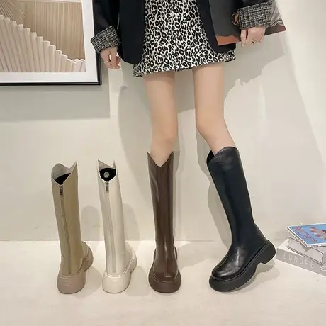 长筒靴女不过膝2024秋冬新款百搭V口厚底小个子长靴女高筒骑士靴图片