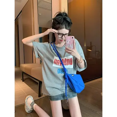 灰色t恤女短袖夏季新款大码胖妹妹小众宽松印花上衣潮ins2-300斤商品大图