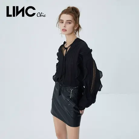 LINC金羽杰2023年秋季新款复古宫廷感荷叶边长袖衬衫女旗舰店正品商品大图