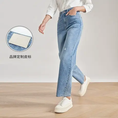 【商场同款】茵曼直筒牛仔裤女2023夏季新款破洞烟管纯棉高腰裤子图片