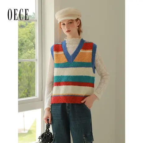 Oece复古条纹背心女2023秋季新款女装设计感毛针织衫套头上衣图片