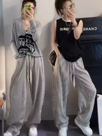 竖条纹系带阔腿裤女2023夏季新款宽松显瘦百搭慵懒风休闲长裤子潮商品大图