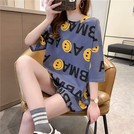 小众设计感笑脸短袖t恤女2023年新款早春夏潮牌ins宽松中长款上衣图片