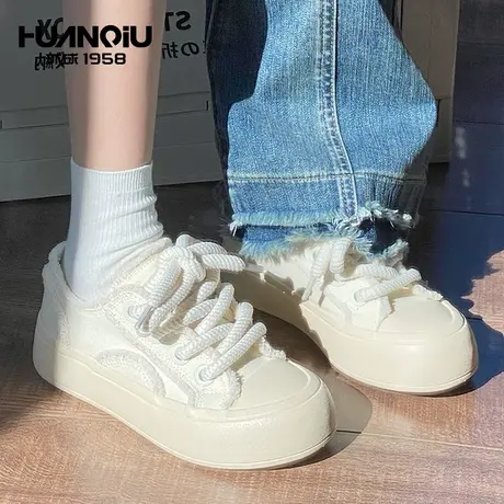 环球厚底小白鞋女2023新款小众复古板鞋透气休闲帆布鞋女鞋鞋子爆商品大图