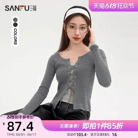 三福毛衣女2025春季交叉绑带修身短款假两件针织衫上衣女装492763图片
