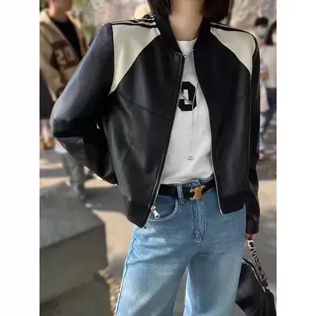 欧洲站2023年早春新款立领拼接短款机车PU皮衣夹克外套女欧货上衣商品大图