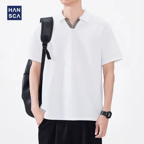 hasnca撞色小V翻领短袖polo衫男款2025新款夏季潮宽松白色t恤上衣商品大图
