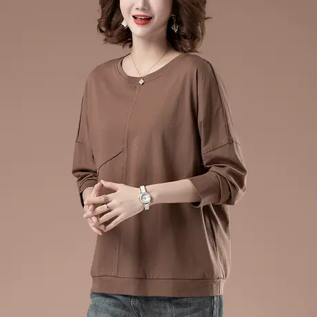 长袖t恤女春秋新款大码女装宽松中年妈妈纯棉圆领遮肚显瘦打底衫商品大图