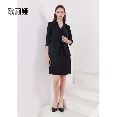歌莉娅黑色西装外套女装春季新款通勤醋酸无领收腰西服1B3L6M170图片