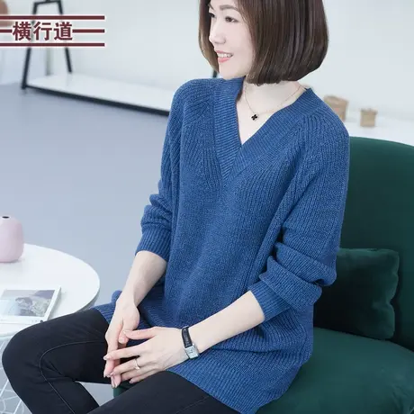 2023冬装V领休闲宽松大码女装中长款套头毛衣长袖针织衫纯色上衣图片