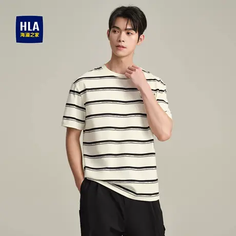 HLA/海澜之家撞色条纹短袖T恤25春夏新圆领时尚字母绣花打底短t男商品大图