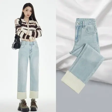 拼接直筒牛仔裤女夏2023年新款高腰显瘦小个子设计感宽松烟管裤子图片