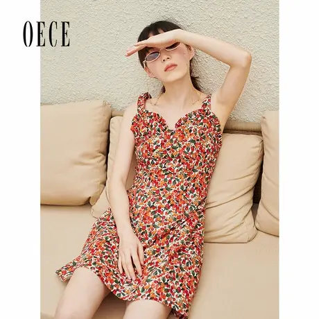 Oece夏装新款女装 法式少女感小碎花甜美复古修身吊带连衣裙商品大图