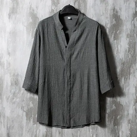 夏季薄款半袖方领衬衫中国风纯色休闲气质宽松T恤男青年居士茶服图片