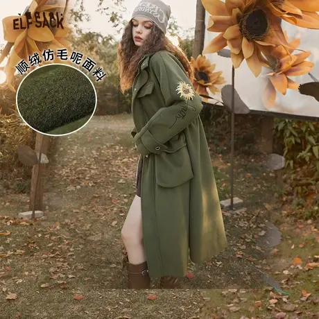 妖精的口袋工装绿色呢子大衣女2023秋冬季新款高级感长款风衣外套图片