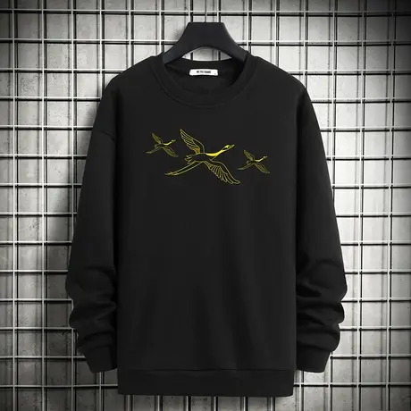 国潮卫衣男生秋冬款摇粒绒无帽圆领加绒加厚黑色长袖t恤宽松潮流商品大图