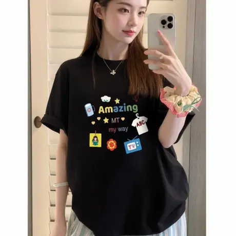 短袖t恤女黑色2025新款纯棉半袖美式复古宽松夏季绝美漂亮小上衣图片