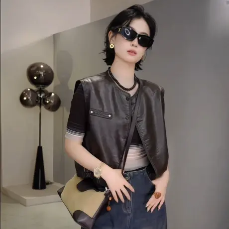 2025秋季新款韩版复古PU皮马甲女短款时尚休闲机车服坎肩马夹外套商品大图