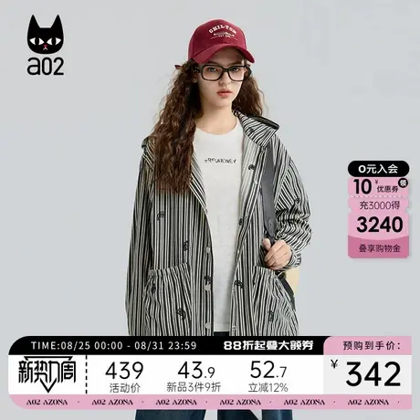 a02黑猫系列宽松黑白条纹连帽衬衫女2025新款秋季通勤衬衣外套图片