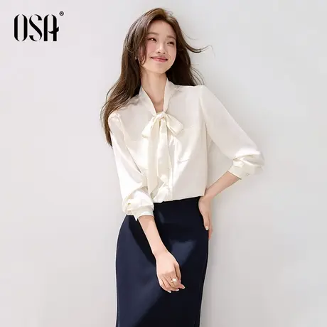 OSA欧莎气质飘带长袖衬衫女2025年秋季新款通勤职场缎面衬衣上衣商品大图