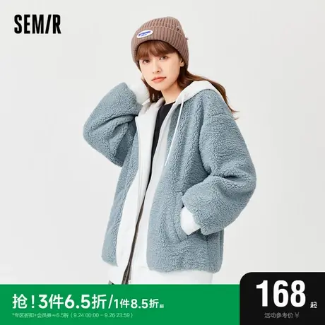 森马外套女仿羊羔毛保暖2022冬新款宽松拼接撞色连帽上衣甜美女生图片