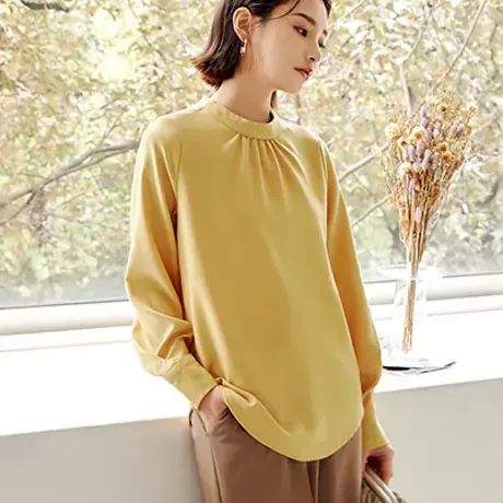 桔熊秋季通勤气质小衫半高领蝴蝶结绑带长袖上衣女装大码AB16393商品大图