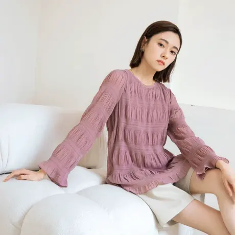 桔熊春秋季浪漫百褶厚雪纺衫微透肤长袖上衣女胖妹妹大码AB16225商品大图