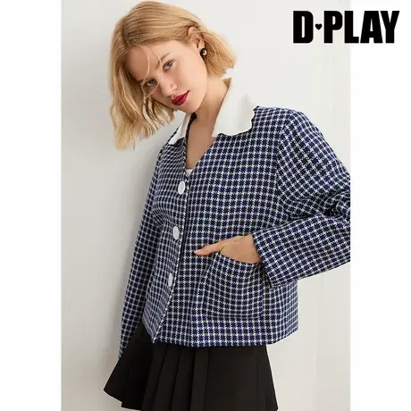 DPLAY【黑标】春新复古法式娃娃领通勤西装粗花呢小格纹外套商品大图