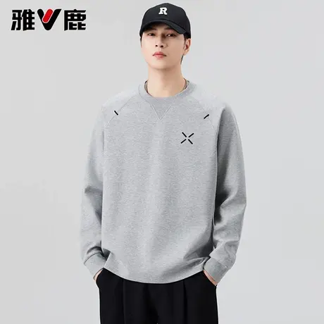 雅鹿2026春新款男圆领时尚高级感长袖卫衣港风潮牌舒适打底衫T恤图片