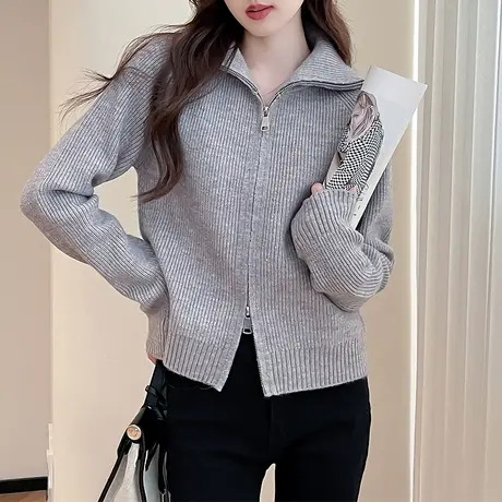 唐狮秋冬慵懒风简约翻领拉链开衫女针织外套春红色费尔岛外套TD商品大图