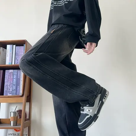 唐狮秋冬季新款男牛仔裤抽绳阔腿裤加绒加厚宽松美式裤子男WTA图片