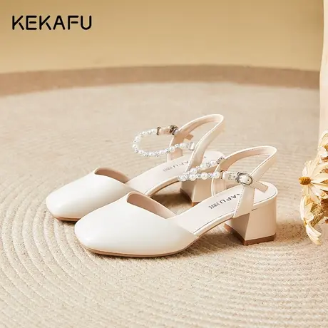 珂卡芙粗跟单鞋女2023春秋季新款一字带高跟鞋包头凉鞋女玛丽珍鞋图片