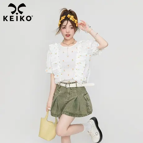 减龄漂亮小碎花白色短袖衬衫女2023夏季洋气褶皱花边雪纺上衣小衫商品大图