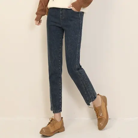 新品8.5折】松紧腰开叉加绒牛仔裤女宽松直筒烟管裤子厚商品大图