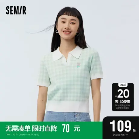 [商场同款]森马针织衫女短款刺绣2023春季新款格子短袖上衣小清新图片