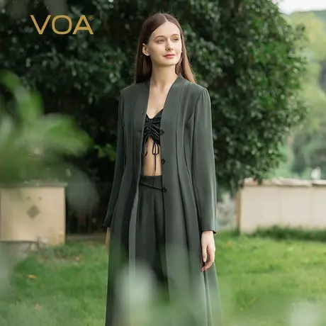 VOA30姆米重磅真丝墨绿V领不对称塔克褶砂洗工艺简约百搭风衣外套商品大图