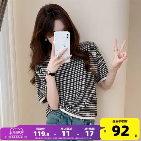 唐狮新款针织短袖女气质百搭条纹圆领短袖套头T恤春夏甜美上衣yd3图片