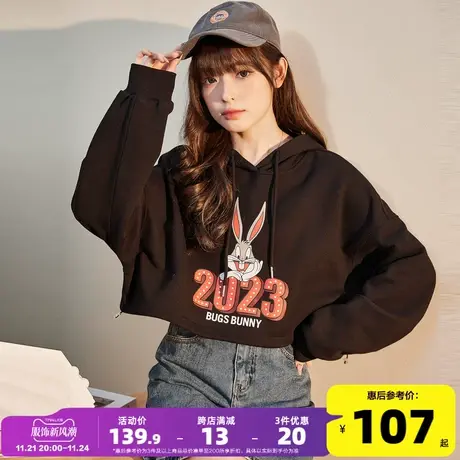[兔八哥联名]唐狮2023春季新款女卫衣连帽美式复古运动潮牌短上衣商品大图