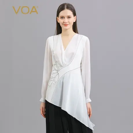 VOA真丝60姆米重磅长空V领乔其面料拼接绣花拼贴版型桑蚕丝T恤衫商品大图