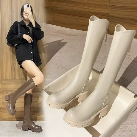 白色真皮内增高长筒靴女2023秋季新款厚底小个子显瘦大筒围长靴子商品大图