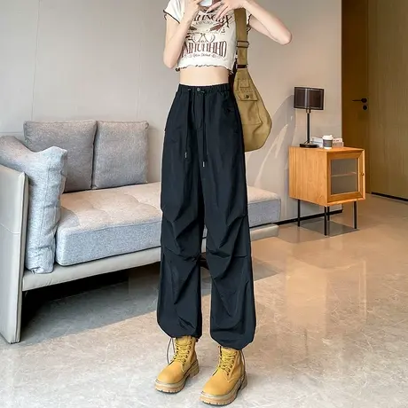 复古美式黑色速干工装裤女春夏新款高腰直筒宽松冰丝阔腿休闲裤子商品大图