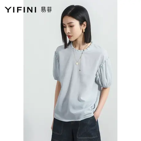 Yifini/易菲木耳边圆领落肩短袖T恤女夏装新款宽松针织上衣商品大图