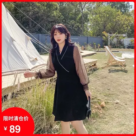 【清仓】新款显瘦胖mm大码连衣裙气质法式拼接波点双层网纱茶歇裙商品大图