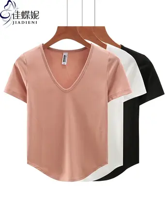 夏季新款韩版纯棉修身纯色圆领纯欲下摆圆弧短袖上衣内搭女装T恤图片