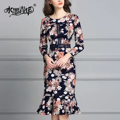 【1件7.9折】冬装新品时尚优雅气质修身简约收腰荷叶边印花连衣裙图片