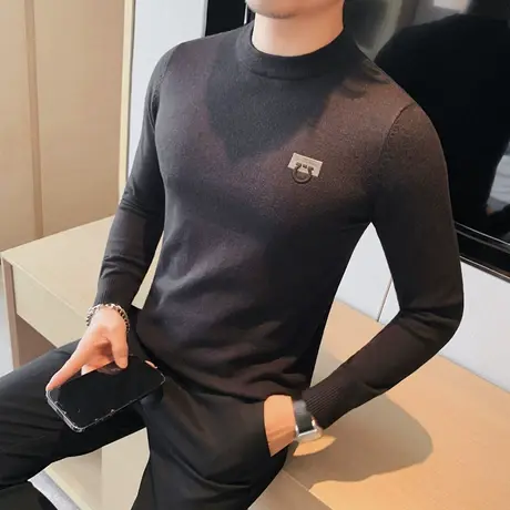 套头毛衣男秋冬季2023纯色简约高级感修身内搭刺绣打底针织衫体恤商品大图
