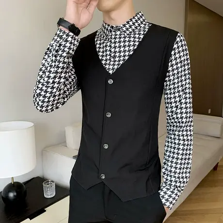 时尚韩版马甲假两件套男士长袖衬衫潮流春秋季男装千鸟格痞帅衬衣商品大图