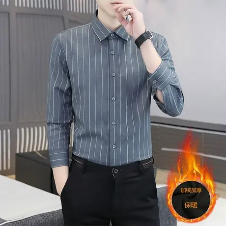 高级感冬季条纹衬衫男长袖潮流帅气弹力加绒加厚保暖商务休闲衬衣商品大图